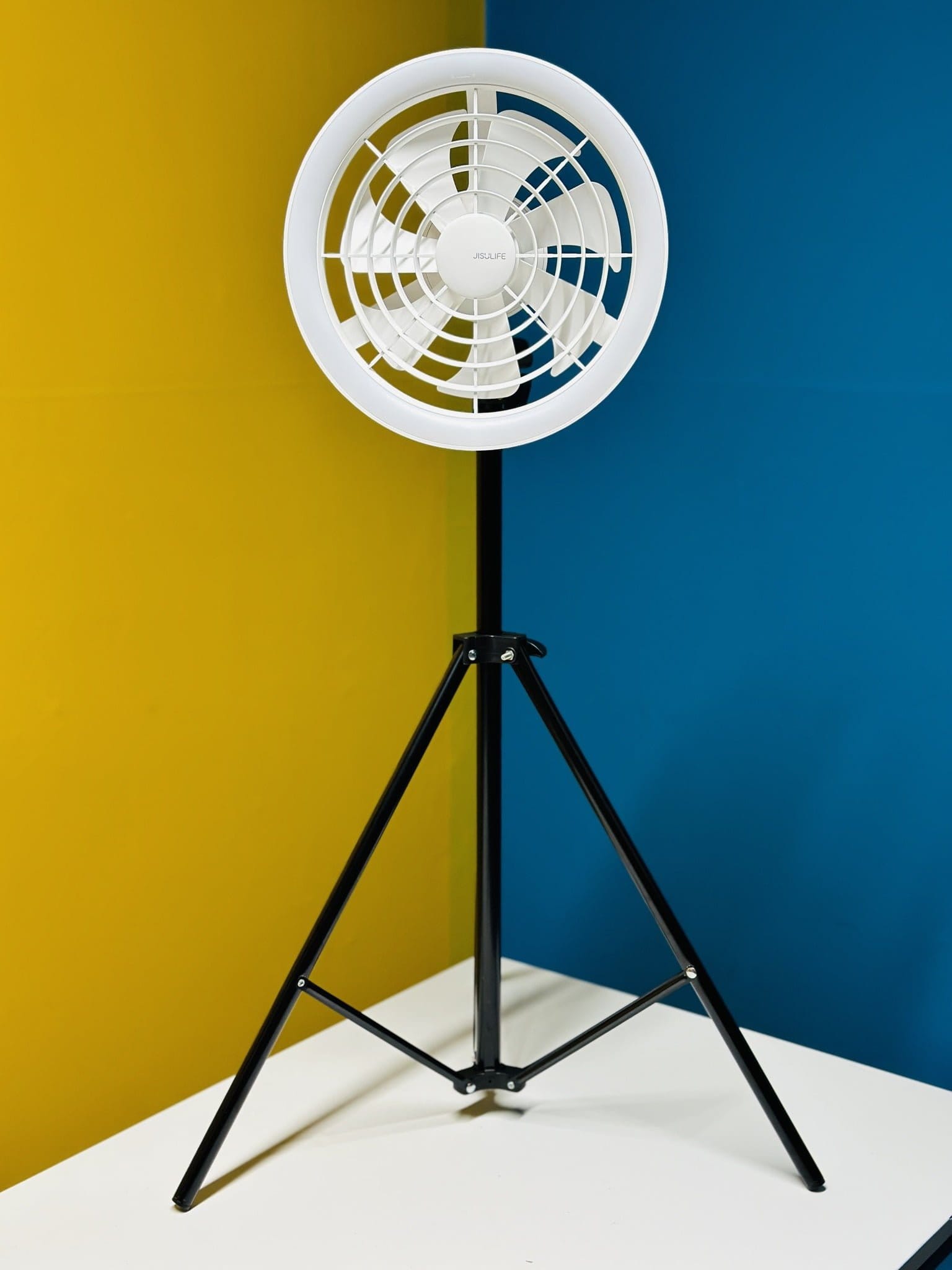 JISULIFE FA17 Rechargeable Fan with LED Ceiling Fan with Long Tripod Stand- White Color