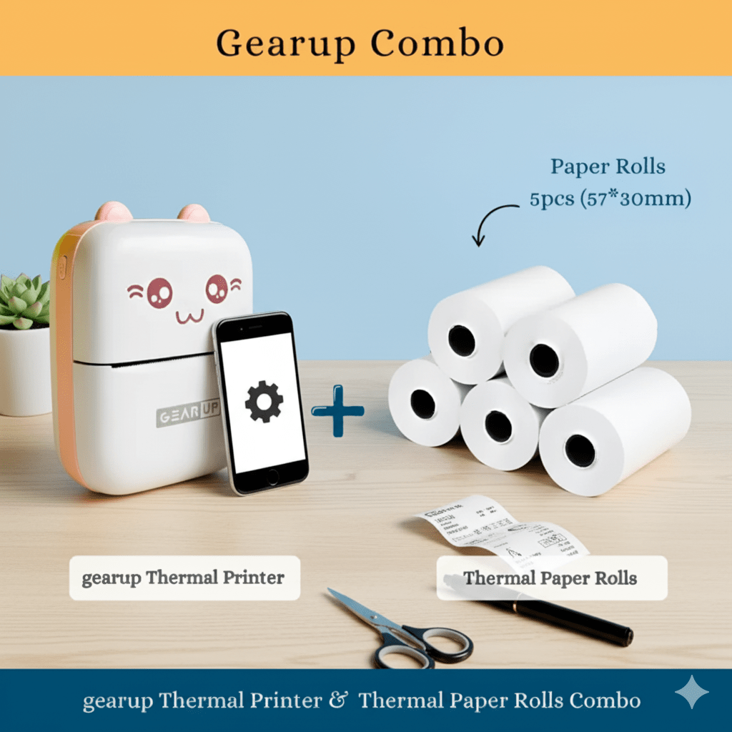 Gearup Thermal Printer & Thermal Paper Rolls Combo – Pink Color