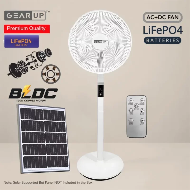 GearUP GP90 – 14 inch Premium Rechargeable LifePO4 + BLDC AC+ DC+ Solar Stand Fan (Without Solar Panel)