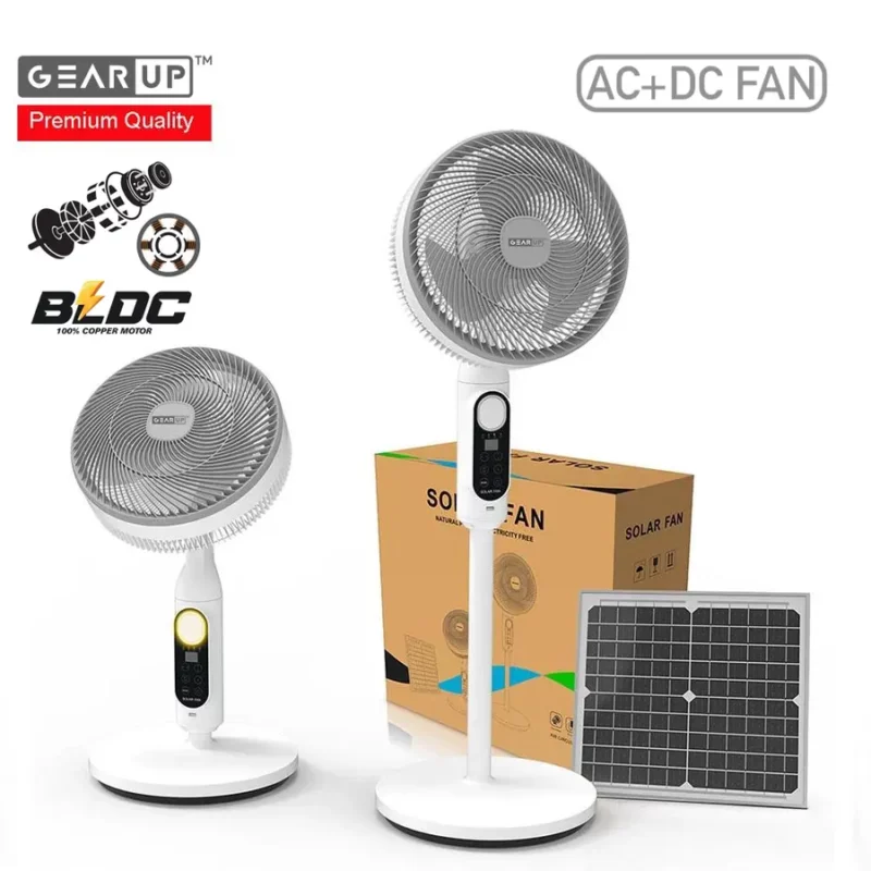 GearUP Premium Series Rechargeable BLDC Solar Stand Fan (AC+DC) – 25W Solar Panel Included